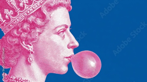 A stylized illustration of a woman with curly hair blowing a pink bubble gum. She wears a crown and has a regal expression against a blue background.