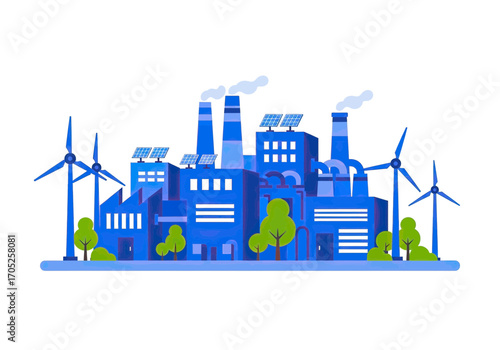 Sustainable energy factory with wind turbines and solar panels powering modern industry with clean resources