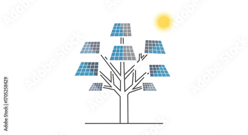 Sustainable solar tree concept thrives under bright sun generating clean renewable energy for a greener future