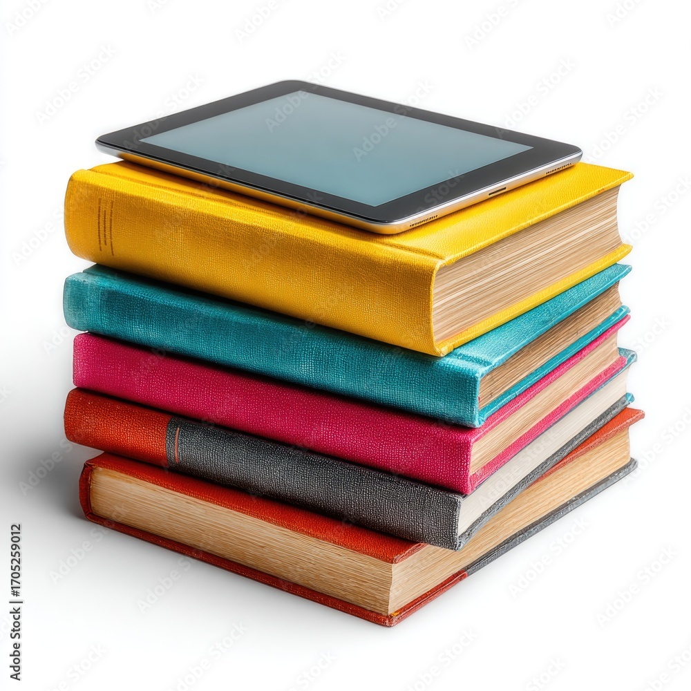 Fototapeta premium Books stacked with a tablet on top, blending traditional and modern learning.