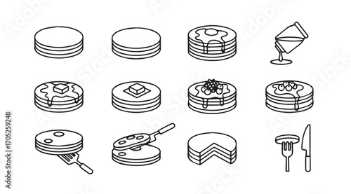Collection of hand drawn pancake icons in a simple silhouette style