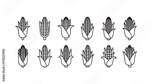 Collection of twelve detailed corn cob illustrations in silhouette style