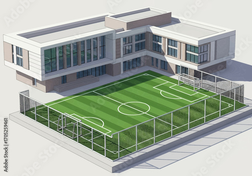 Modern school complex with vibrant soccer field and professional athletic facilities