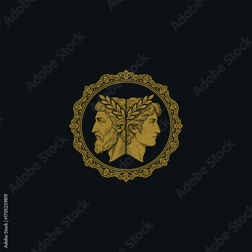 engraving of Janus, the Roman god of beginnings and transitions. The logo features a dual-faced head. Vector template illustration