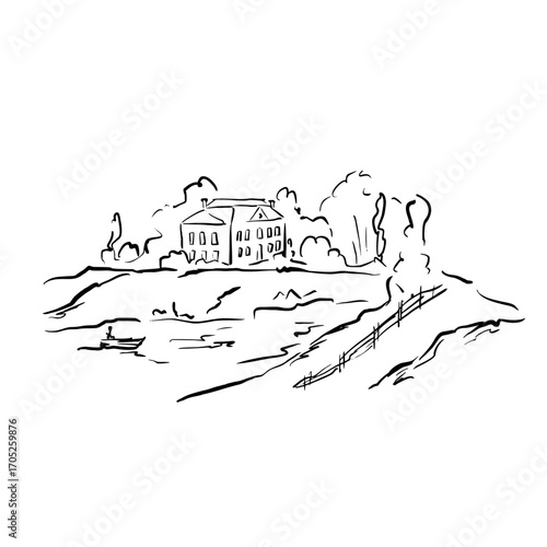 Landscape with lake, trees and vintage manor building. Vector whimsical quickly line art illustration. Great for romantic projects, journaling, posters, stationery, literature aesthetics, invitations