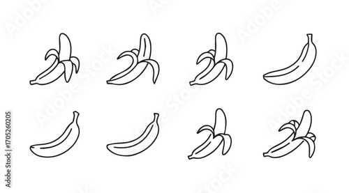 Collection of hand drawn banana silhouettes in various stages of peeling