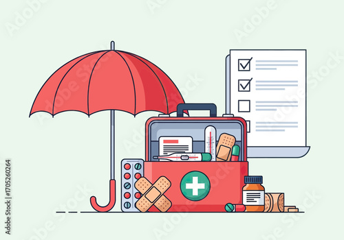 Comprehensive medical kit with umbrella protection and checklist ensures wellness and preparedness