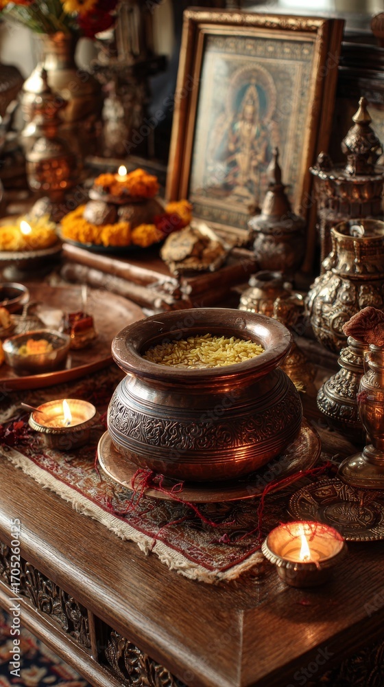 Fototapeta premium A home altar decorated for Ghatasthapana during Sharad Navratri. Copper kalash, candles, and offerings for Goddess Durga