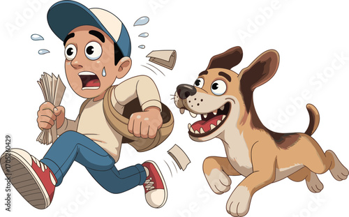 Funny cartoon boy running from playful dog with newspapers, satchel, sweat, flying papers, dynamic chase, humorous action, outdoor scene