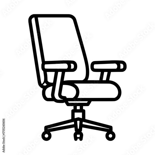 A simple vector line illustration of a swivel office chair with armrests and wheels. 