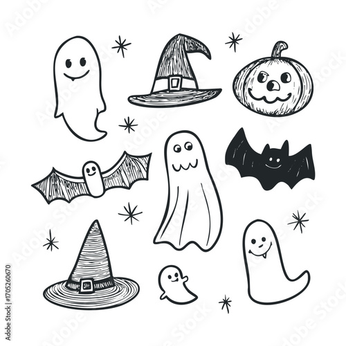 A set of hand-drawn Halloween doodles on a white background.