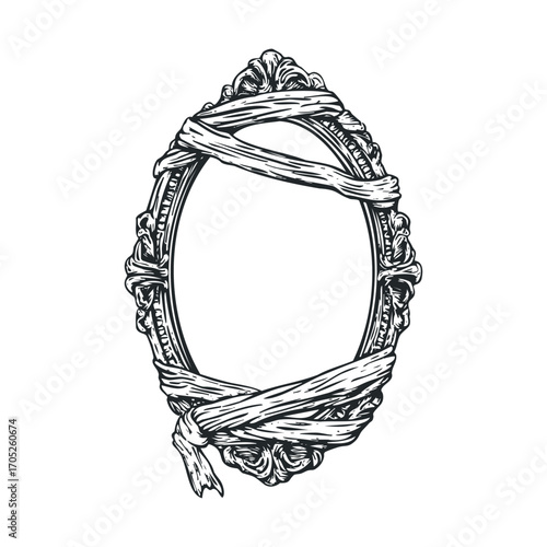  An old, ornate, hand-drawn oval mirror frame wrapped in mummy bandages.