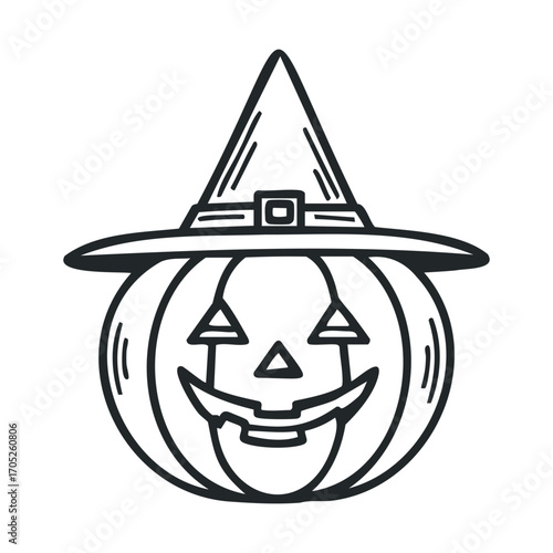 A hand-drawn sketch of a pumpkin wearing a witch hat.