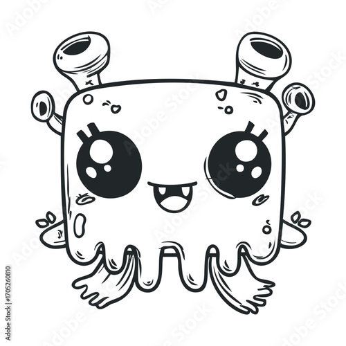 A hand-drawn sketch of a cute, square-shaped, friendly alien monster.