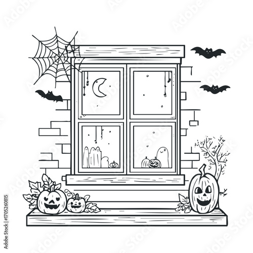 A hand-drawn sketch of a window decorated for Halloween.