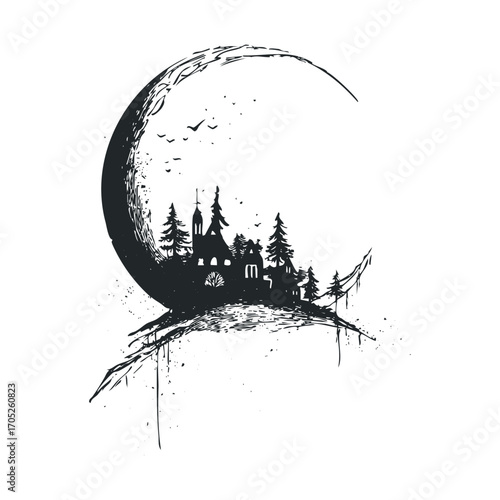 A hand-drawn sketch of a haunted village on a crescent moon.