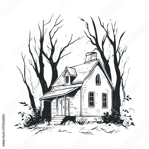 A hand-drawn sketch of a spooky house surrounded by trees.