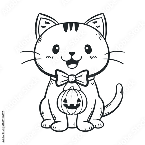 A hand-drawn sketch of a cute, smiling cat with a pumpkin charm.