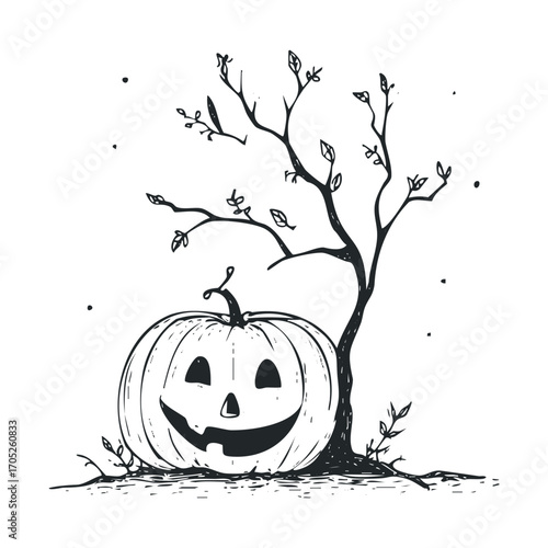 A hand-drawn sketch of a pumpkin next to a small tree.