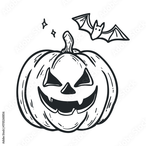 A hand-drawn sketch of a scary pumpkin with a bat.