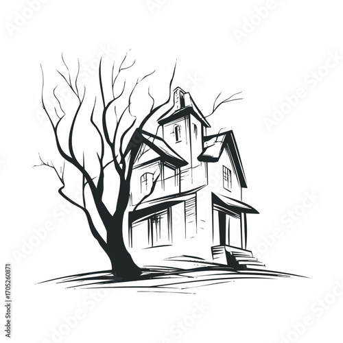 A hand-drawn sketch of a spooky house and a bare tree.