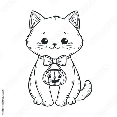 A hand-drawn sketch of a cute cat wearing a bowtie and a pumpkin basket.