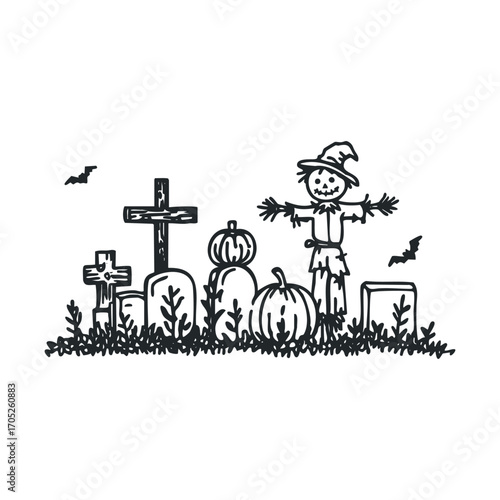 A hand-drawn sketch of a scarecrow and pumpkins in a graveyard.