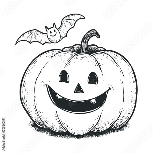 A hand-drawn sketch of a pumpkin with a smiling bat above it.