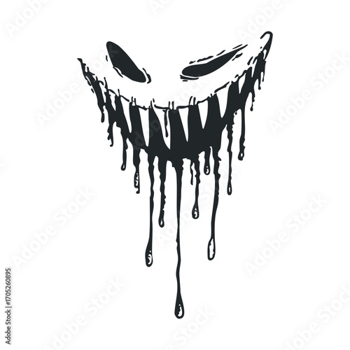 A spooky, dripping, smiley face with sharp teeth.