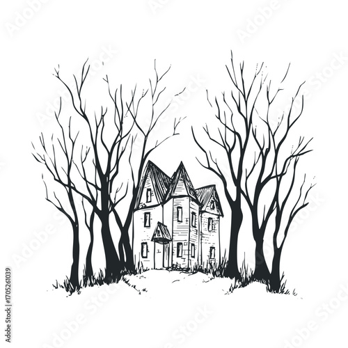 A spooky haunted house surrounded by bare trees.