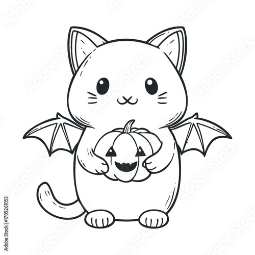 A cute, spooky feline with bat wings holding a pumpkin.