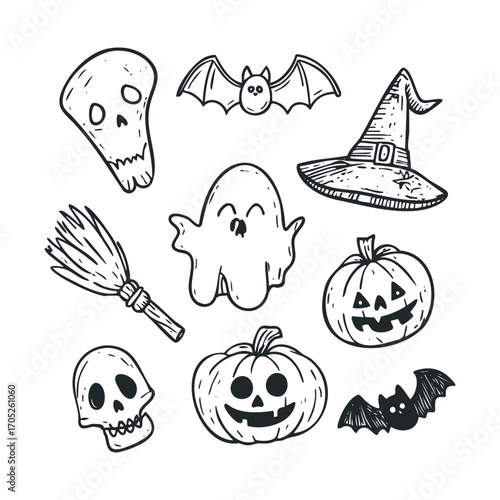 A set of simple Halloween doodles on a white background.