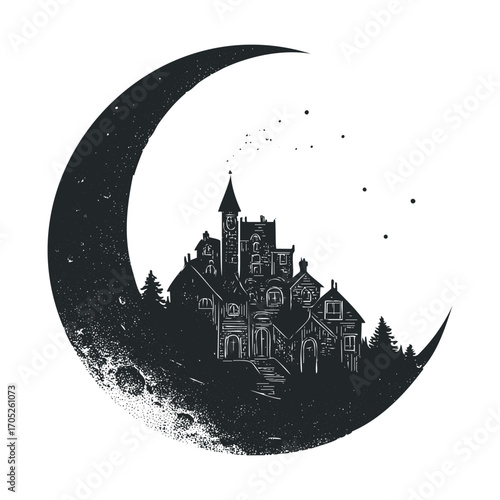 A haunted mansion sitting on a dark crescent moon.