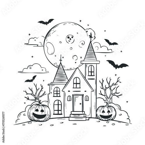 A spooky haunted house with pumpkins and bats.