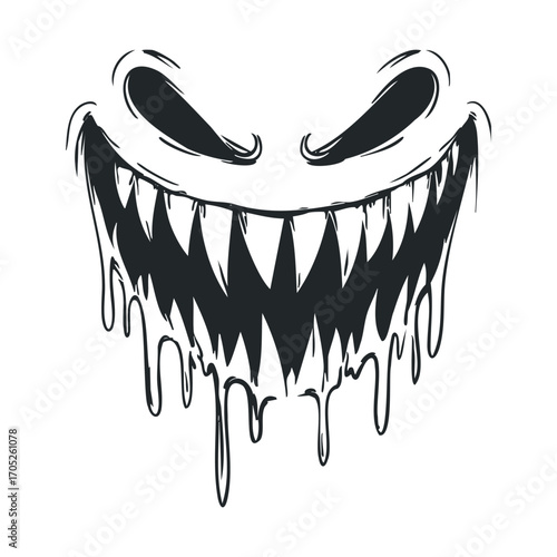 A creepy monster face with sharp teeth and an evil grin.