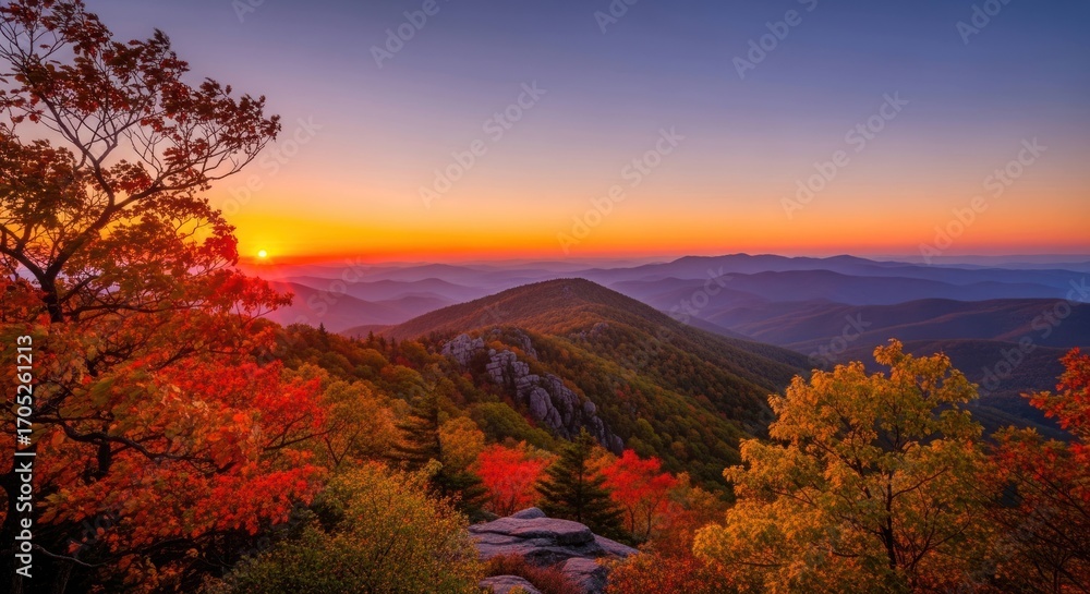 Fototapeta premium Mountain sunset amidst colorful autumn foliage with distant blue ridgelines