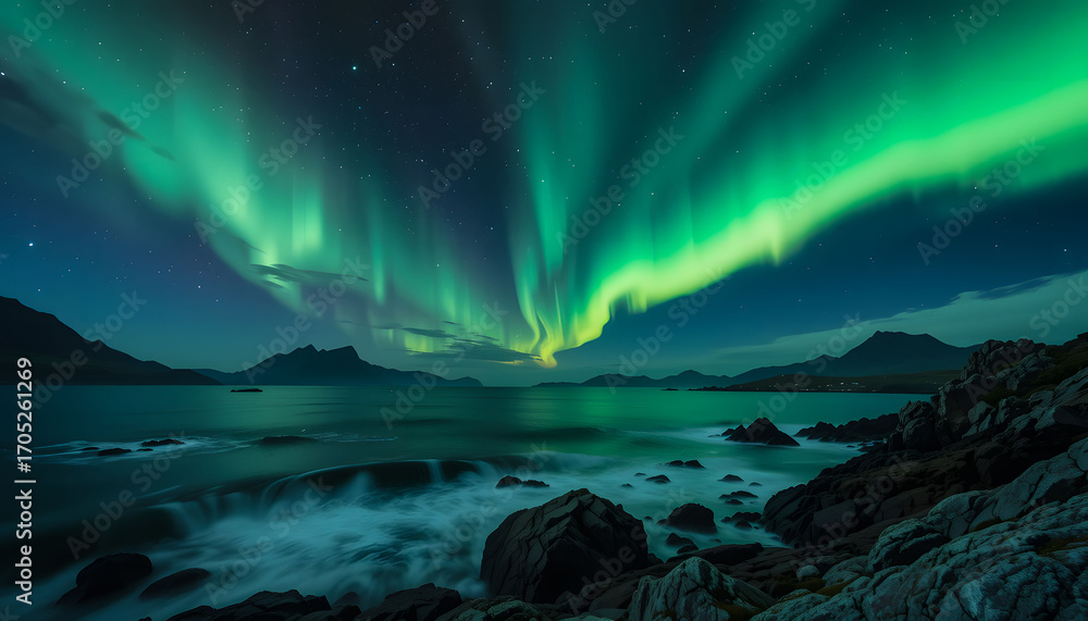 Naklejka premium The vivid aurora borealis illuminates the night sky with brilliant green and yellow light over a rugged, rocky coastline, with waves crashing against the shore.