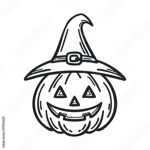 A carved pumpkin wearing a witch's hat.