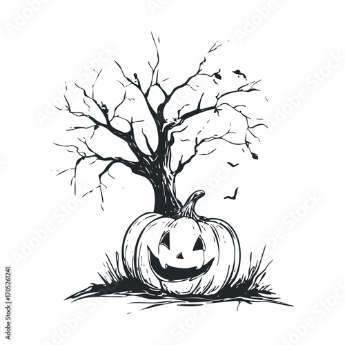  A smiling, carved pumpkin under a spooky tree.