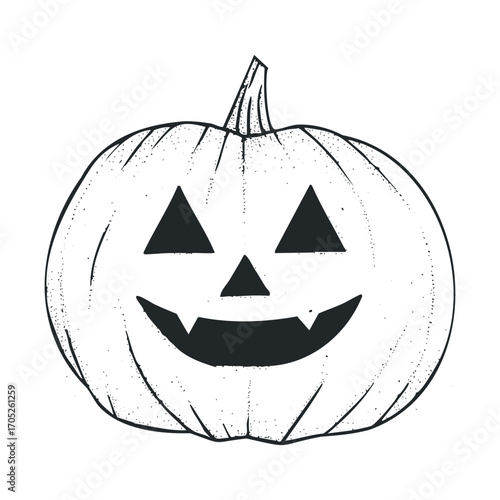 A carved pumpkin with a scary and smiling face.