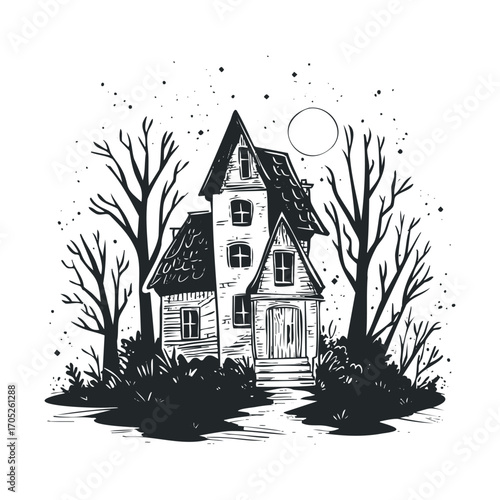 A creepy old house with a path, surrounded by bare trees.