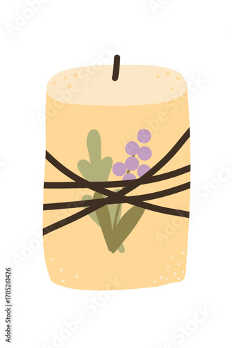 Candle with flowers, cozy element for home decor. Home aromatherapy, hygge home decoration, vector illustration