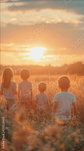 A family of children enjoying a picnic at sunset in a lush grassy field.
