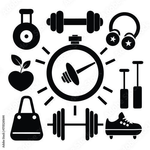 Assortment of black fitness and sports icons including dumbbells stopwatch headphones and a running shoe on a white background