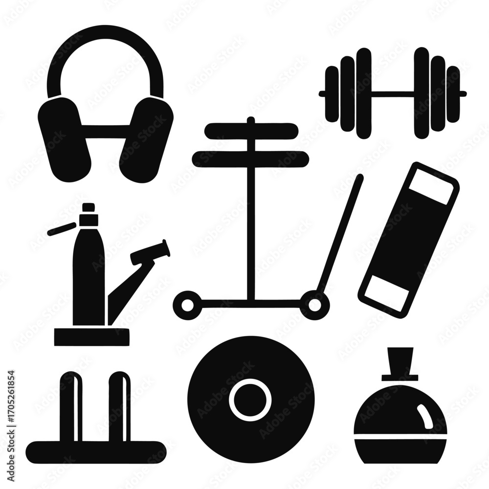 Obraz premium Assortment of black silhouette icons for gym and fitness equipment including headphones and a scale on a white background