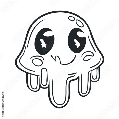 A smiling, drippy, blob-like ghost with big eyes.