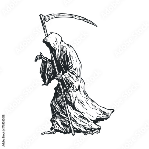 A cloaked, grim figure carrying a long scythe.