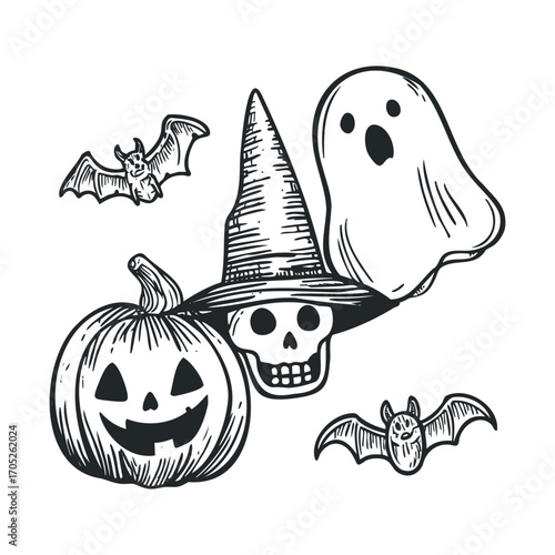 A group of spooky Halloween symbols including bats and a ghost.