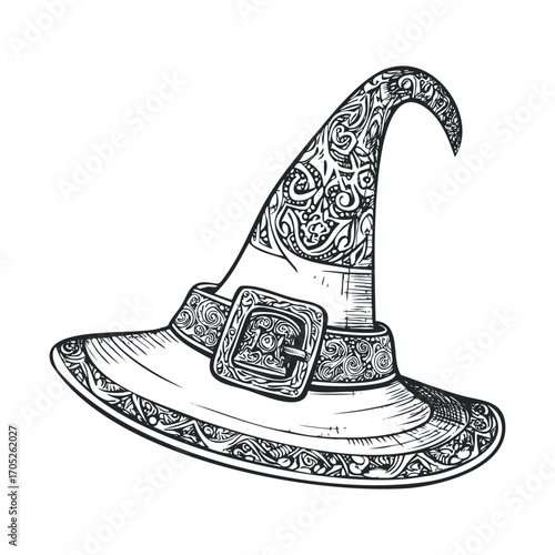 An elaborate and detailed witch's hat with a buckle.