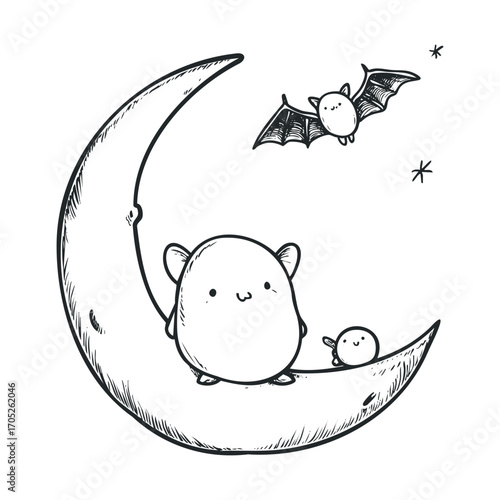 Two small, round characters sit on a crescent moon.